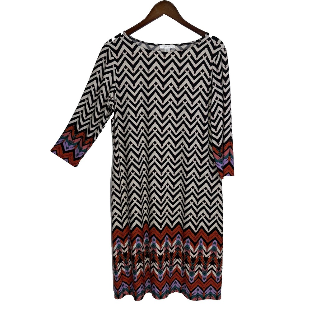 London Times Woman's Sheath Dress Size 16 Black Cream Chevron Versatile‎ Career